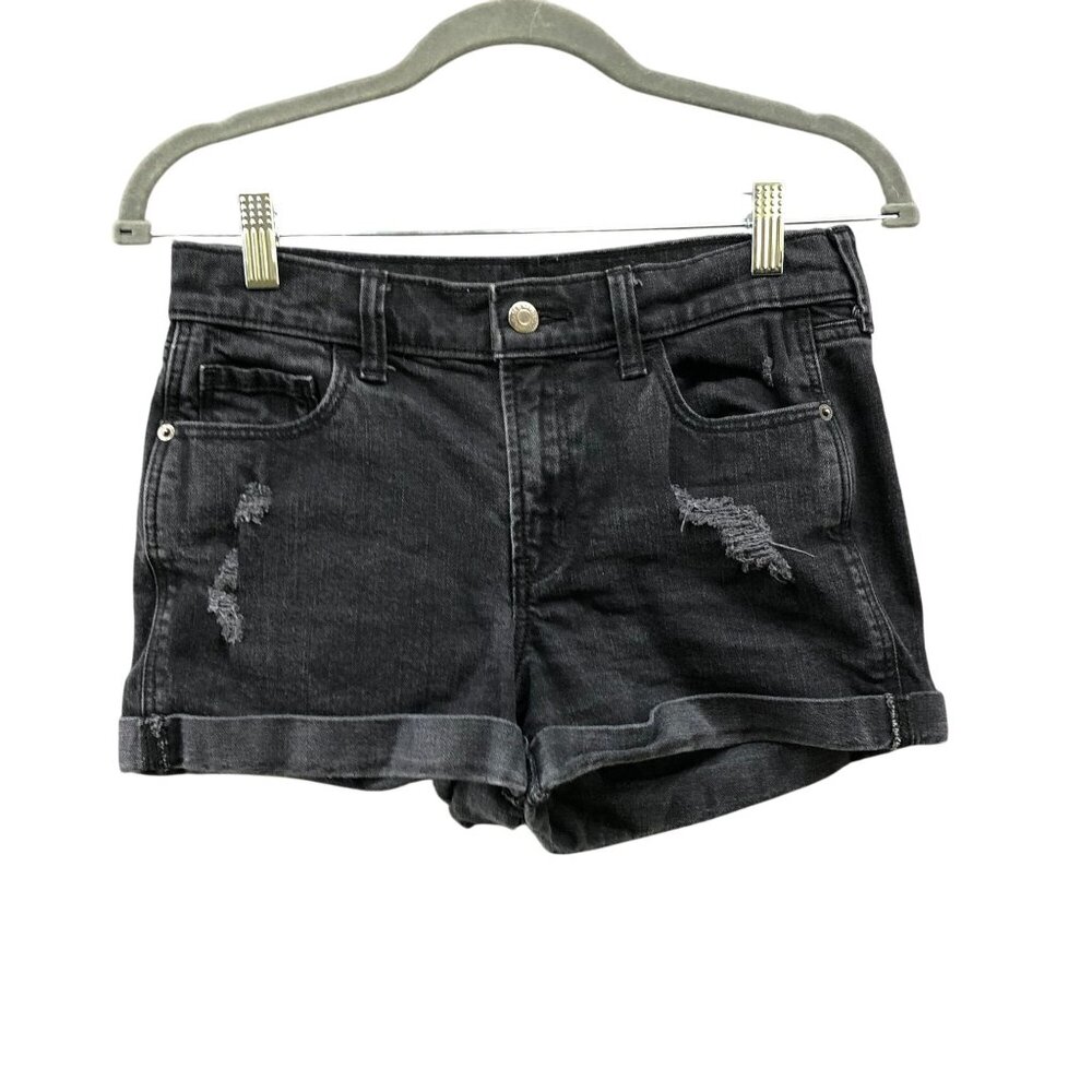 Old Navy Mid Rise Boyfriend Jean Short Womens 2 Black Denim Roll Cuff Distressed